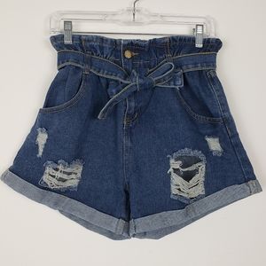 Shein high waist denim paperbag shorts distressed